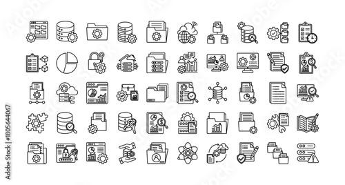 Data management icon set collection. Containing organization, monitoring, administration, database, server, employment, report .Line vector icons collection