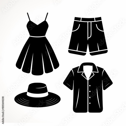 Summer Clothing Collection Icons: Dress, Shorts, Shirt, and Hat