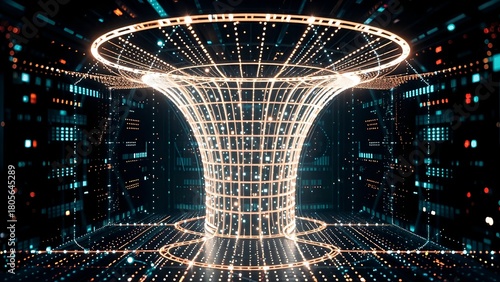 Fototapeta Naklejka Na Ścianę i Meble -  sci-fi tunnel cylindrical vortex tower with digital illuminated lines forming a 3D grid pattern, wormhole perspective, metallic and glass texture
