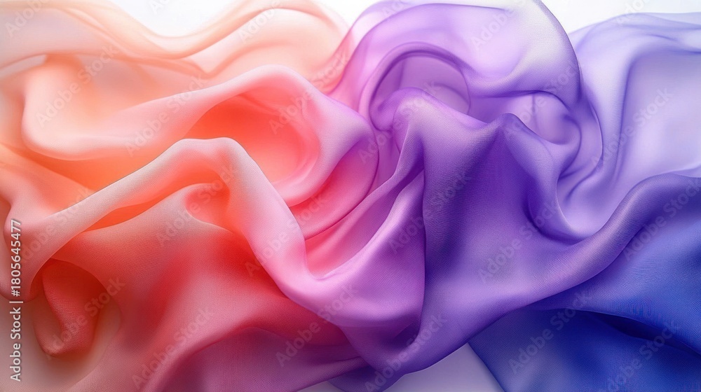 Obraz premium Dreamy flowing silk fabric with soft pink, coral and purple hues forming elegant billowing folds and gentle curves