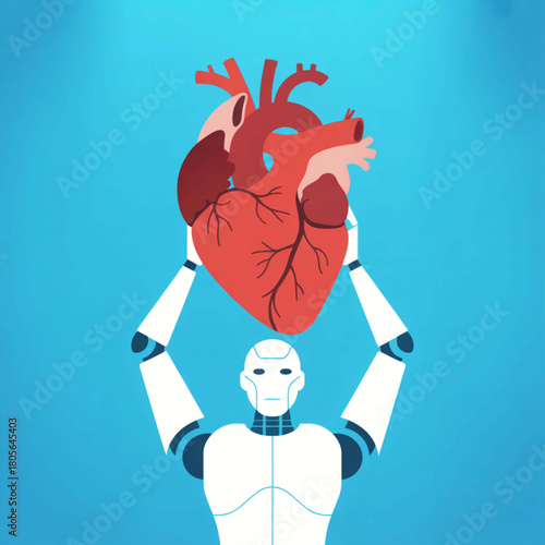 Robotic Heart: A futuristic robot holds aloft a human heart, symbolizing the convergence of technology and human health.  