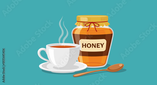 Teacup beside honey jar and spoon vector for healthy breakfast and flu remedy concept