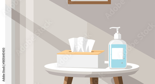 Tissues and sanitizer at entrance table for hygiene concept and virus prevention office design