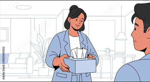 Therapist handing tissue box to sad patient for mental health counseling and psychology support
