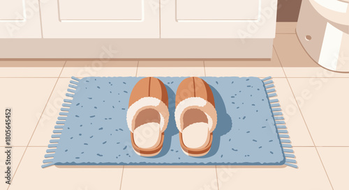 Warm slippers on bathroom mat for home comfort and cozy interior design vector illustration
