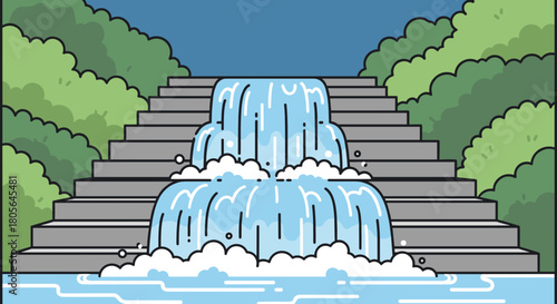 Water running down stairs in park with green bushes for landscape design and nature scenery