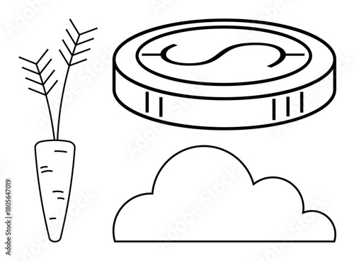 Carrot with leaves, coin with dollar sign, and cloud outlines. Ideal for farming, economy, sustainability, environmental care, agriculture cloud computing eco-friendly innovation. Simple flat