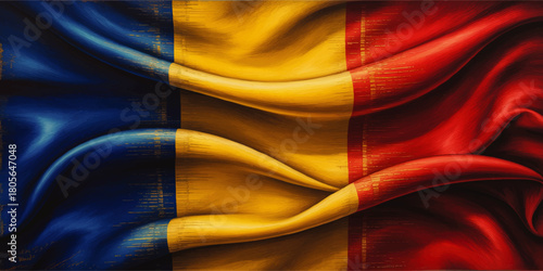 Romania flag abstract painting, blue yellow red vertical tricolor, textured waving fabric, patriotic background illustration