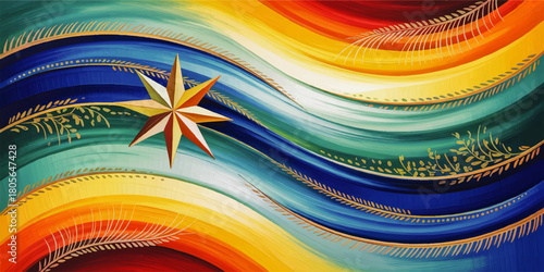 Vibrant abstract compass star with colorful flowing waves and golden botanical lines, modern nautical rainbow background
