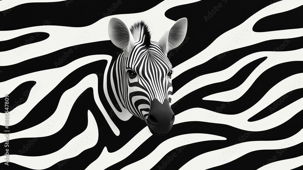 Naklejka premium curious zebra head emerging from seamless black and white striped background, minimalist high-contrast portrait conveying calm curiosity and surreal graphic energy
