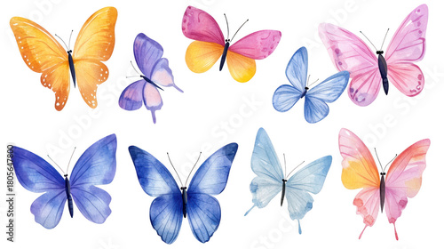 A collection of watercolor butterflies in various colors and sizes. their delicate wings and intricate patterns. perfect for nature-themed designs and art projects