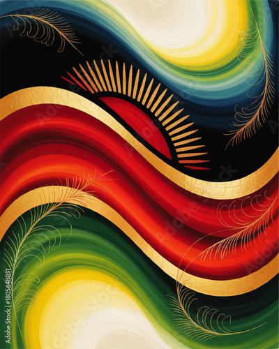 Luxury abstract wavy background with gold lines, red green yellow gradient curves and elegant feather details on black