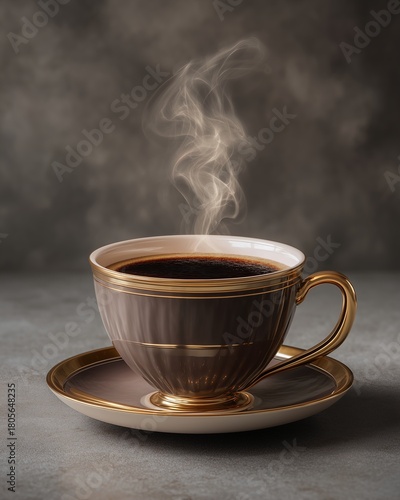 Steaming Coffee Cup: The elegant cup of steaming coffee, its dark brew radiating warmth, beckons with an inviting aroma, promising a moment of rich flavor. 