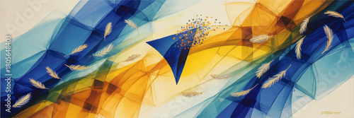 Dynamic blue and yellow abstract waves with flying feathers and geometric shapes, modern colorful background for creative design
