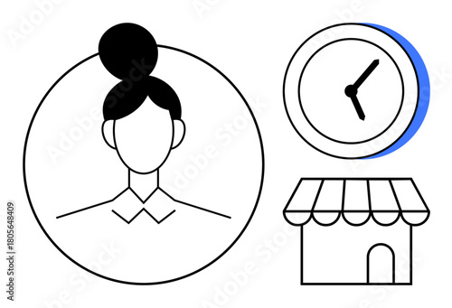 Female outline with bun hairstyle inside circle linked to a clock and storefront. Ideal for scheduling, time management, business planning, work-life balance, entrepreneurship, retail, simple flat