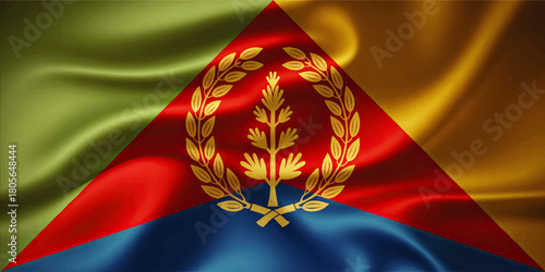 Waving Eritrea flag background with silk fabric texture, golden olive wreath emblem, red green blue patriotic banner illustration