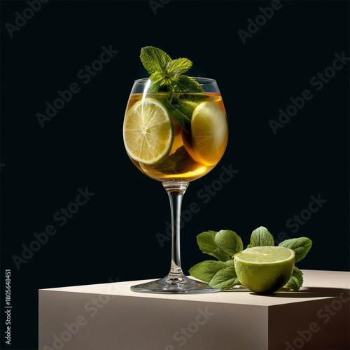 Zesty Refreshment: A tall glass of golden-hued beverage features vibrant lime slices and fragrant mint leaves, creating a tantalizing concoction of flavors