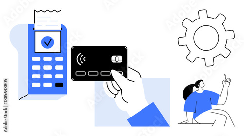 Card reader processing payment as hand holds card, receipt prints, cog and person symbolizing innovation. Ideal for fintech, e-commerce, business, security, automation banking simplicity. Clean