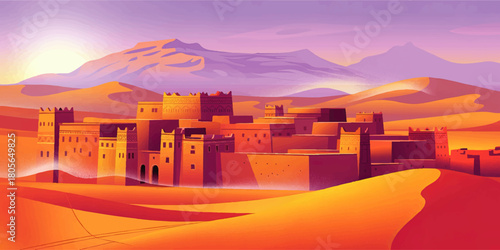 Colorful desert cityscape at sunrise, ancient fortress architecture and sand dunes with majestic mountains, fantasy landscape illustration