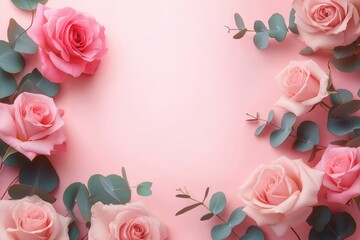 pink roses and eucalyptus leaves framing a soft pastel pink background with empty center, delicate romantic floral border and gentle lighting