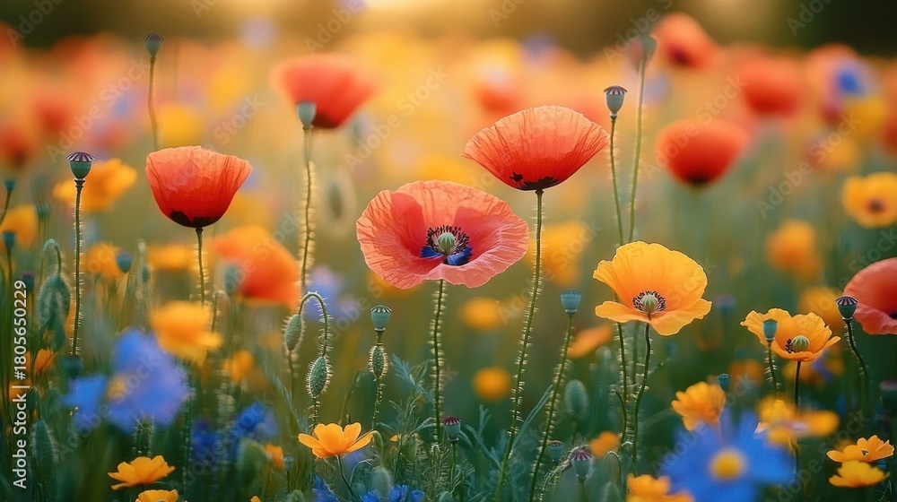 Obraz premium red and yellow poppies with blue wildflowers in a sunlit meadow, soft golden light and a dreamy peaceful atmosphere