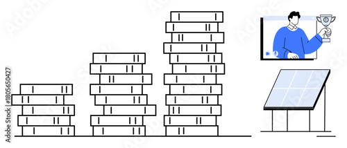 Stacked coins showing financial growth, a solar panel symbolizing renewable energy, and a virtual figure holding a trophy. Ideal for finance, sustainability, investment, energy, profits, awards