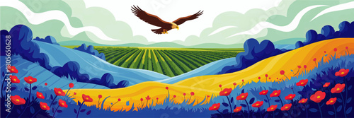 Majestic eagle flying over colorful summer landscape with rolling hills, crop fields and wildflower meadow illustration