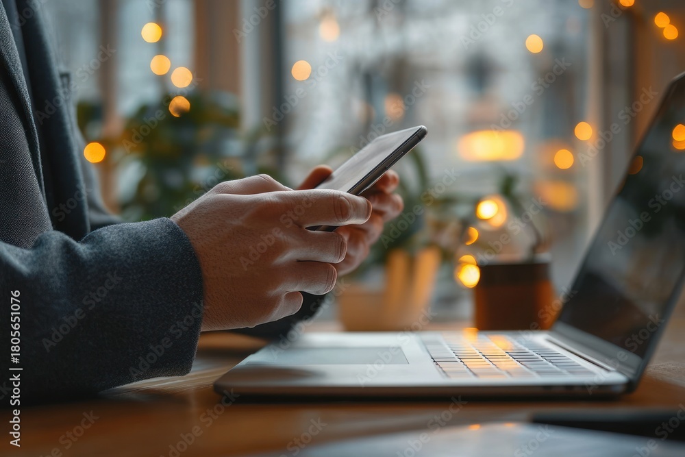 Fototapeta premium hands holding smartphone over open laptop on wooden desk with warm bokeh lights, potted plants and coffee mug conveying a cozy focused work mood