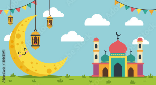 Ramadan Mubarak Crescent Moon and Mosque Illustration for Islamic Celebrations
