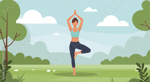 A serene flat illustration of a woman gracefully practicing a yoga tree pose outdoors in a peaceful park. This artwork embodies balance, mindfulness, and a healthy lifestyle