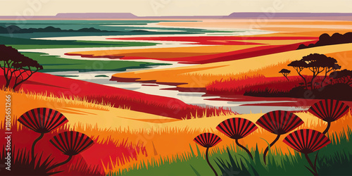 Vibrant African savanna landscape illustration with river delta, sunset fields, acacia trees and colorful abstract nature art