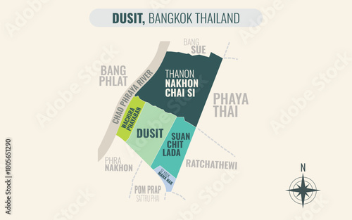 Map showing Dusit District Bangkok Thailand divided into sub-districts with minimalist colorful patterns