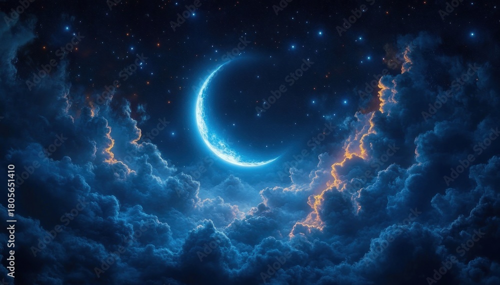 Fototapeta premium Radiant crescent moon rising through luminous clouds under a star-filled night sky, serene and mystical atmosphere