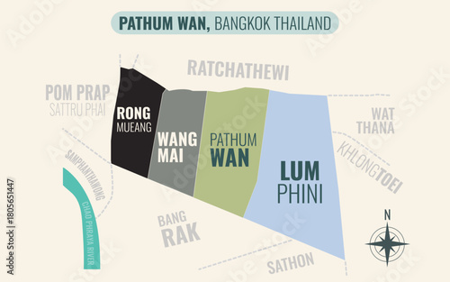 Map showing Pathum Wan District Bangkok Thailand divided into sub-districts with minimalist colorful patterns