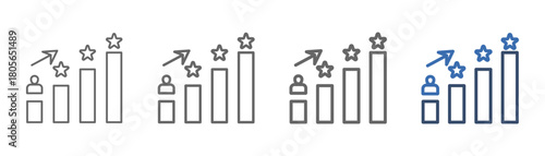 
outline icon sheet self improvement with design of four graphs, four stars, people and arrow to the right