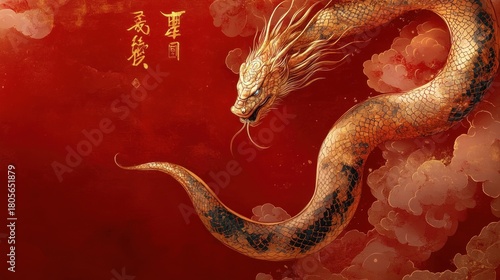 majestic golden dragon with fierce head and flowing whiskers, long scaled serpentine body curling through red clouds beside ornate golden calligraphy, mystical and powerful