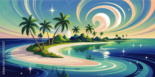 Fantasy tropical island beach at sunset with palm trees, swirling sky and starry ocean lagoon, dreamy summer vacation illustration