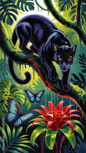 Black panther in lush tropical jungle with red bromeliad flower and blue butterflies, vibrant fantasy wildlife illustration