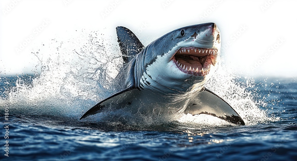 Obraz premium powerful great white shark breaching the ocean with mouth wide open, rows of sharp teeth bared and water spraying around in a dramatic ferocious leap