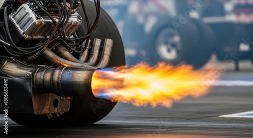 Extreme acceleration photography captures the intense power and heat of drag racing engine
