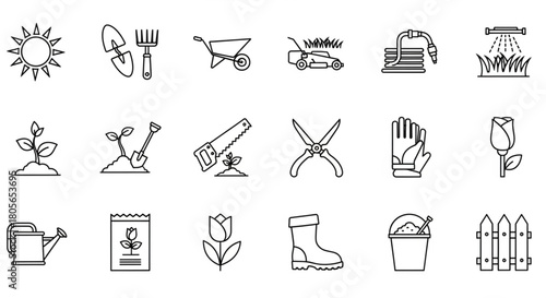 Gardening Tools and Equipment Set, Planting and Cultivation Concepts, Top View of Garden Accessories on White Background