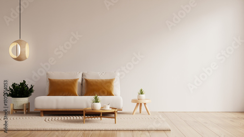 Minimal cozy living room featuring a white sofa with warm brown cushions, wooden tables, indoor plants, and a modern pendant lamp- 3D rendering