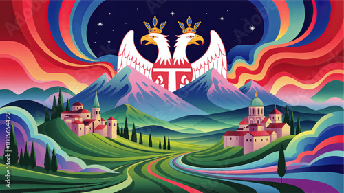 Vibrant Serbian landscape illustration with double headed eagle coat of arms, colorful mountains, villages and night sky