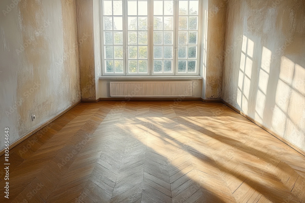 Fototapeta premium Sunlit empty room with chevron hardwood floor, tall divided window and radiator, textured plaster walls casting warm shadows, calm nostalgic atmosphere