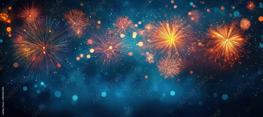 Fototapeta premium golden fireworks burst across a shimmering deep blue night sky, celebratory and awe-inspiring