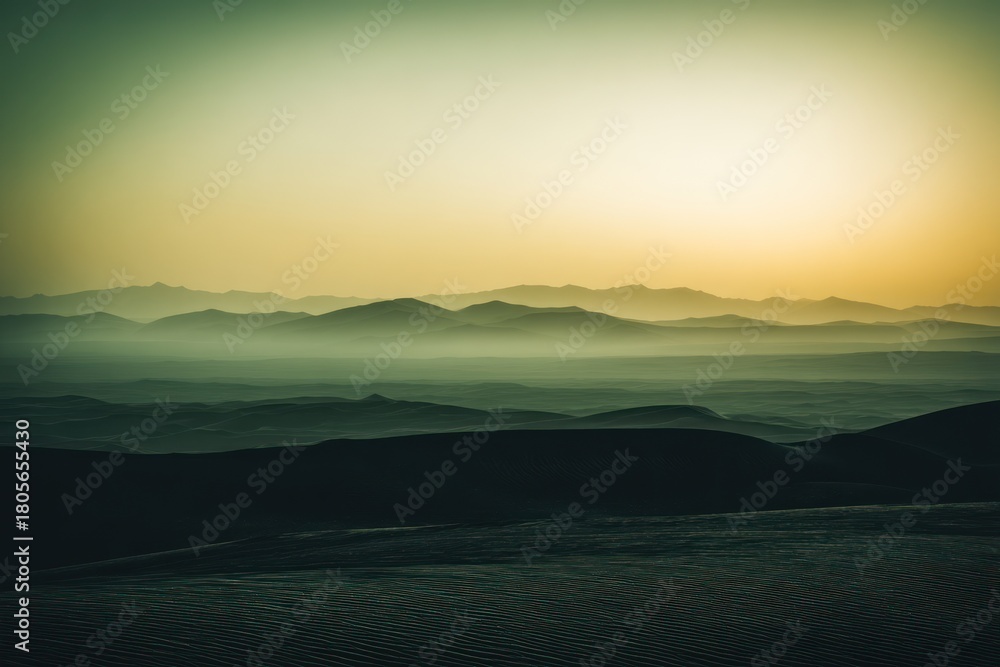 Obraz premium Hazy mountain range at dusk with gradient sky and atmospheric perspective
