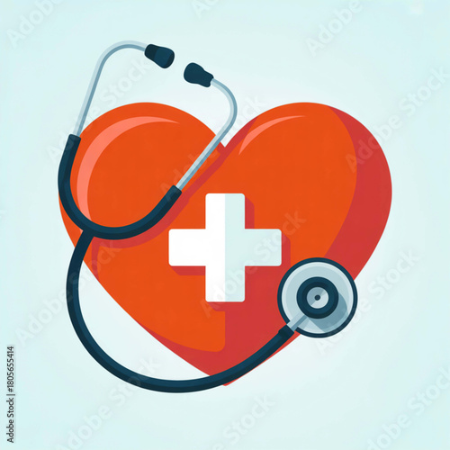 Healthcare Harmony: A vibrant depiction of a red heart, intertwined with a stethoscope and a symbolic cross, embodying the essence of healthcare, medical care, and well-being.