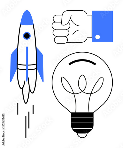 Rocket launching upward, clenched fist symbolizing strength, glowing lightbulb representing ideas. Ideal for innovation, motivation, creativity, teamwork, leadership, entrepreneurship technical