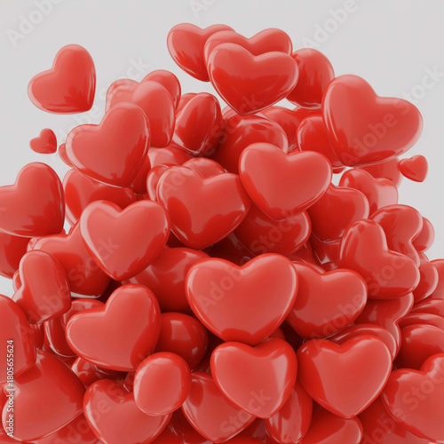 Overflow of Love: A vibrant cascade of radiant red hearts cascades downwards, embodying the essence of affection and ardor, against a soft backdrop.