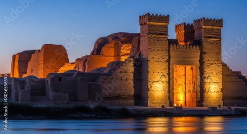 Majestic ruins of an ancient civilization along a tranquil river at twilight hour